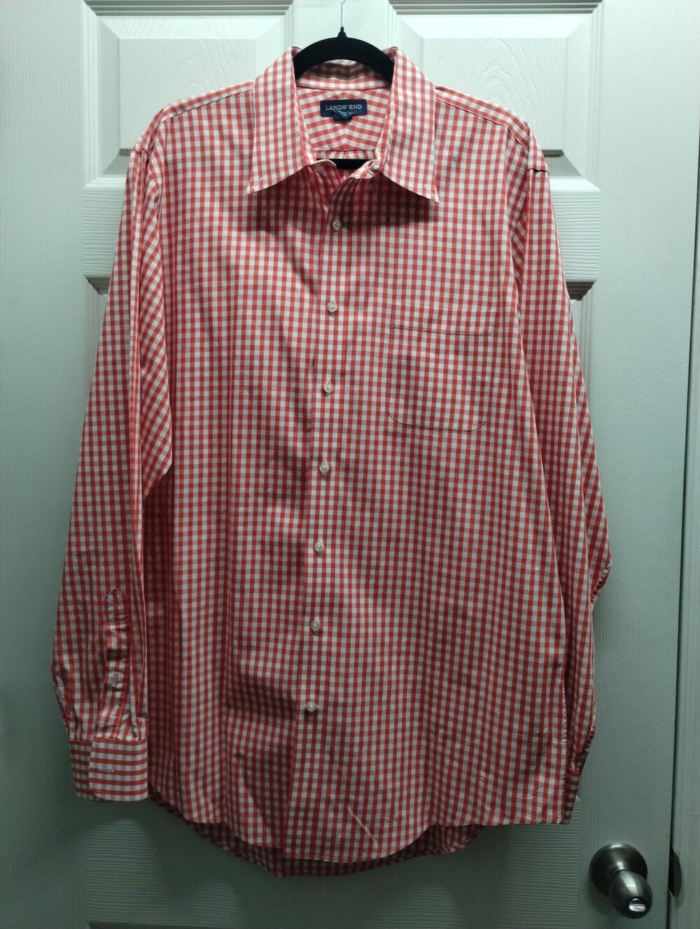 Lands' End Men's 16 1/2 - 37 Tall Red & White Check Long Sleeve Button Up Shirt